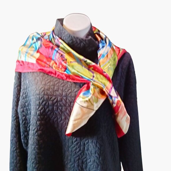 MOSI Silk Scarf Colorful Abstract Art 35x35 Inches Red Border - Picture 6 of 11